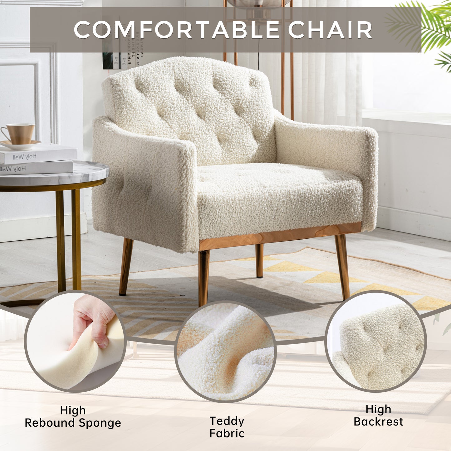 Modern Accent Chair with Arms, Tufted Decorative Fabric Armchair with Gold Metal Legs, Upholstered Reading Chair for Living Room Bedroom Office