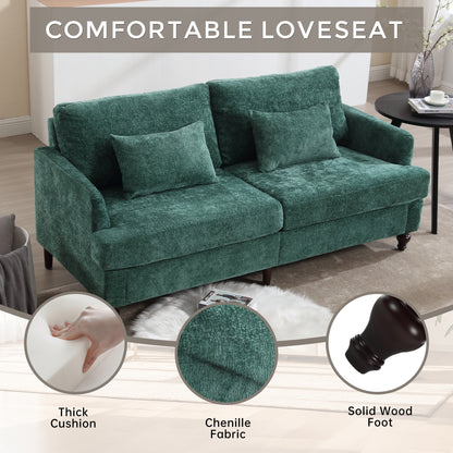 Mid Century Modern chenille Fabric Loveseat sofa, 2-Seat Upholstered Loveseat Sofa Modern Couch for Living Room,Brown wood feet sofa for Bedroom, Reading (Emerald Chenille)