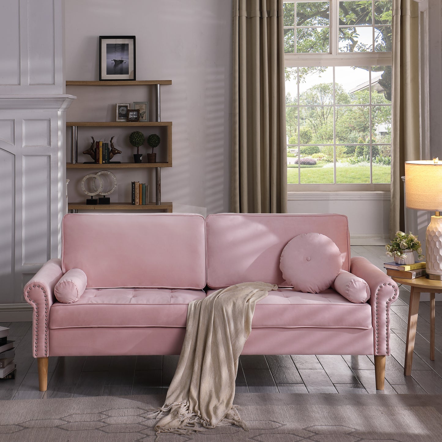 Living Room Sofa,3-Seater Sofa, with Copper Nail on Arms,Three Pillow,Pink