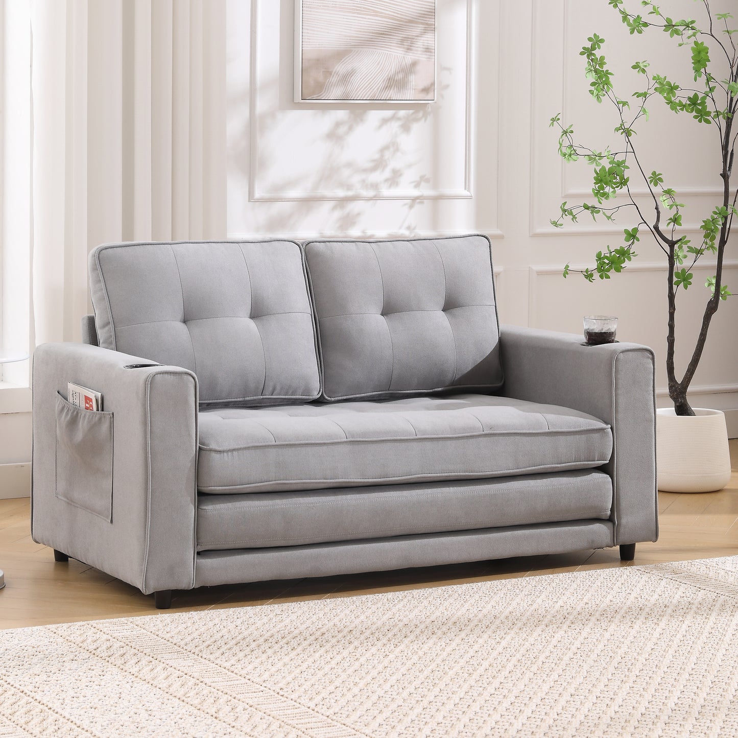 3-in-1 Upholstered Futon Sofa Convertible Sofa bed,Foldable Tufted Loveseat with Pull Out Sleeper Couch Bed,Folding Mattres Love Seat Daybed W/Side Pockets and Cup Holder, Light Gray