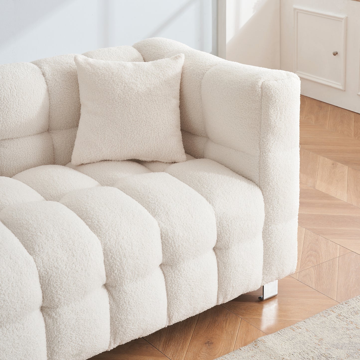 Beige White and teddy plush sofa 80 inch discharge in living room bedroom with two throw pillows hardware foot support