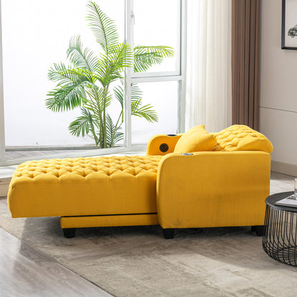 Multifunctional Living Room Leisure Chaise Lounge Barry Tufted Comfy Armchair Wireless Charging, Smooth Reclining Backrest & Lumbar Pillow for Home Apartment (Yellow linen)