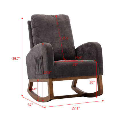 Rocking Chair, Modern Glider Chair, Recliner Armchair with Wood Legs and Side Pocket, Nursery Rocking Accent Chair with High Back for Living Room Bedroom (Dark Gray linen)