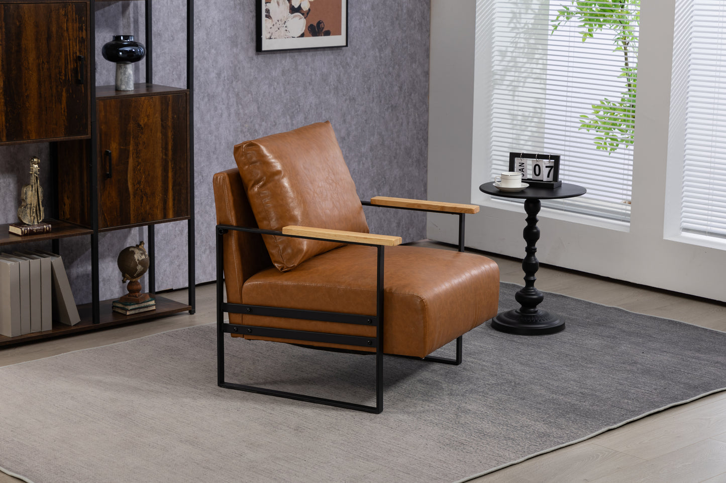 Leather Accent Chair Guest Chair for Living Room, Mid Century Armchair for Bedroom (Brown Leather)