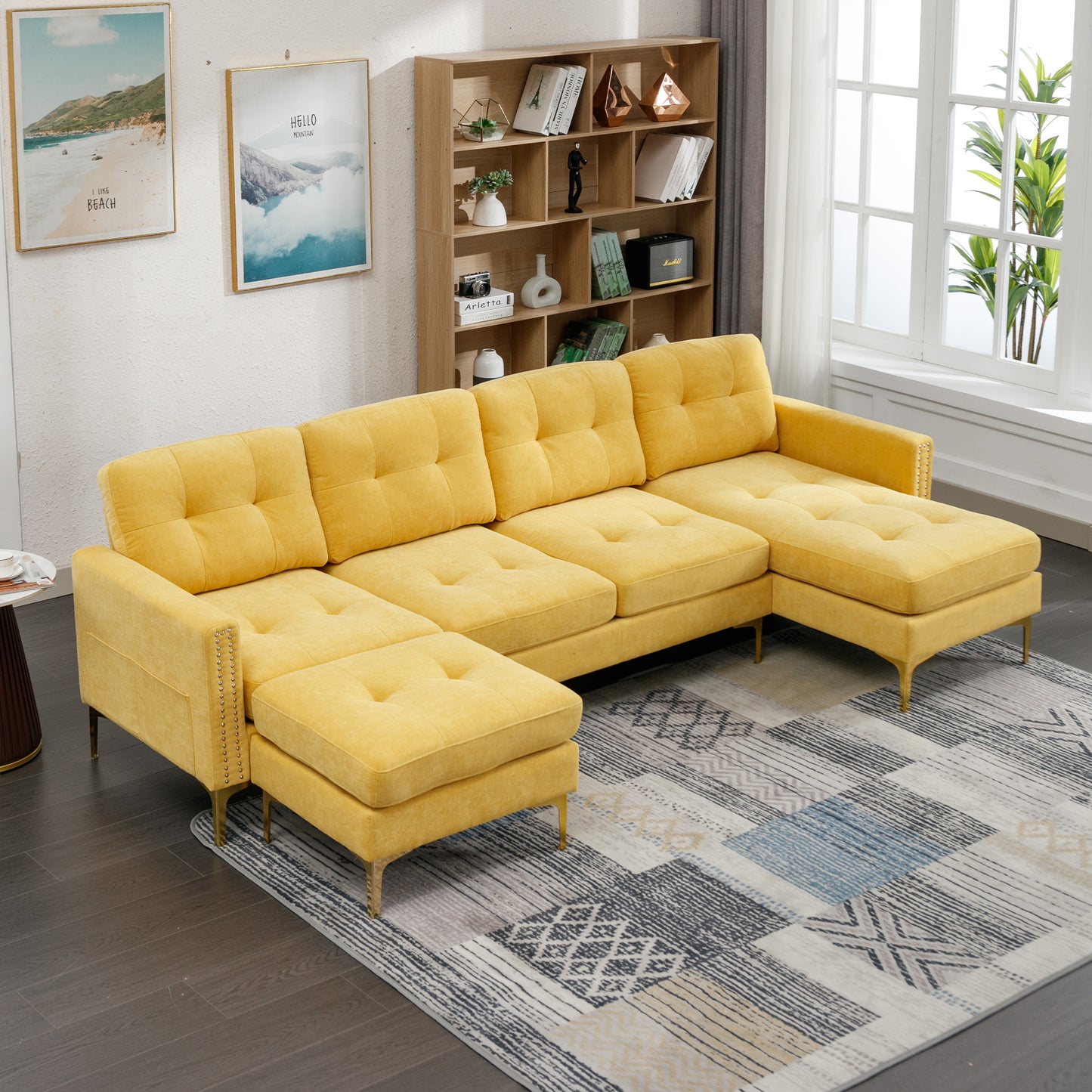 110" L-Shape Convertible Sectional Sofa Couch with Movable Ottoman for Living Room, Apartment, Office, Yellow