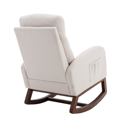 Rocking Chair, Modern Glider Chair, Recliner Armchair with Wood Legs and Side Pocket, Nursery Rocking Accent Chair with High Back for Living Room Bedroom (Beige linen)