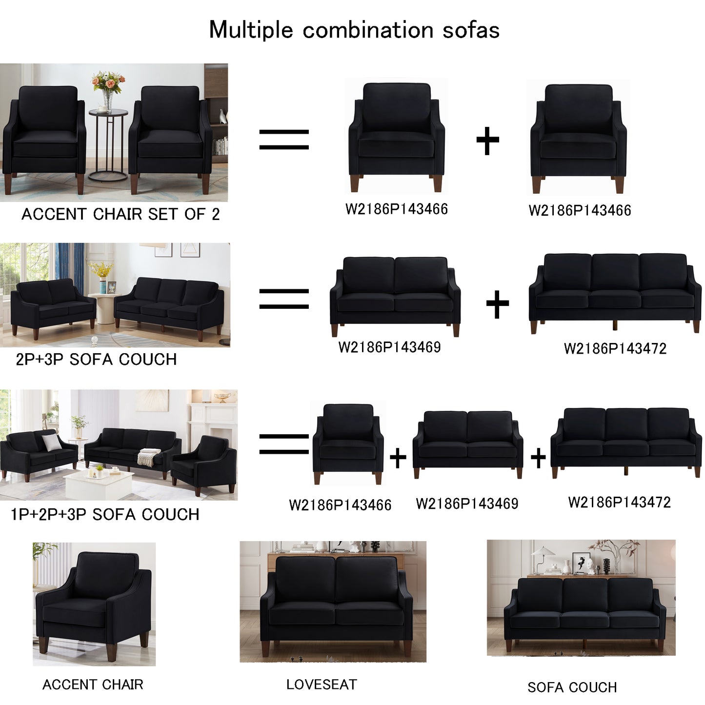 Modern Loveseat sofa for Living Room, Upholstered Velvet Small Couch with Wooden Legs for Livingroom Bedroom, Black