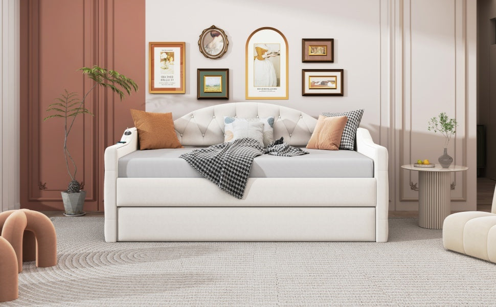 Size Tufted Upholstered Daybed with Trundle,Velvet Sofabed with USB&Type-C Charging Ports,No Box-spring Needed, Beige