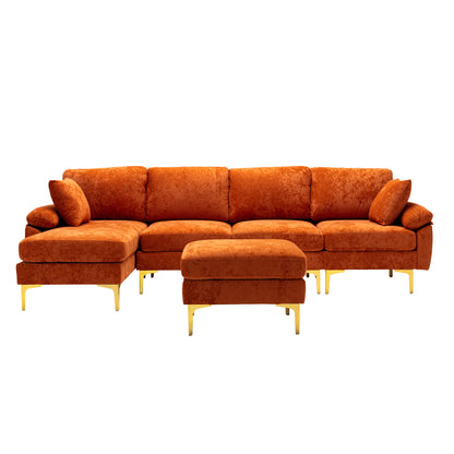 U-shape sectional sofa with Ottoman, Reversible Sofa Couch for Living Room,Spacious Furniture,Durable Couch Removable and machine washable cover (Orange Velvet)