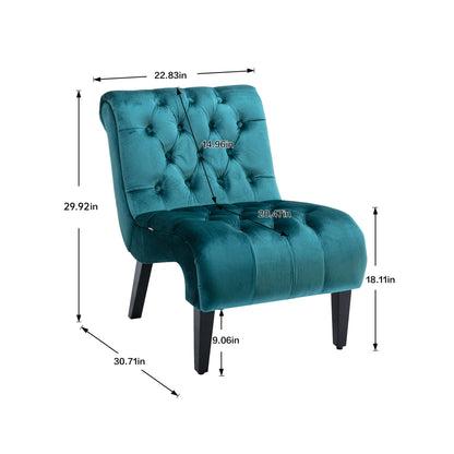 Modern Velvet Armless Accent Living Room Chair / Leisure Chair,Upholstered Fabric Button Comfortable Chair with Wooden Legs for Bedroom, Living Room, Office (Teal Velvet)