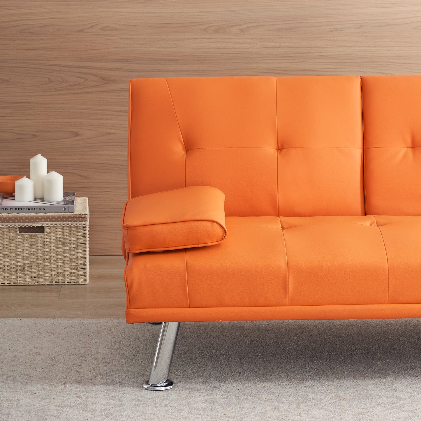 67" Orange Leather Multifunctional Double Folding Sofa Bed for Office with Coffee Table