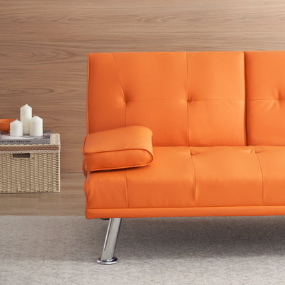 67" Orange Leather Multifunctional Double Folding Sofa Bed for Office with Coffee Table