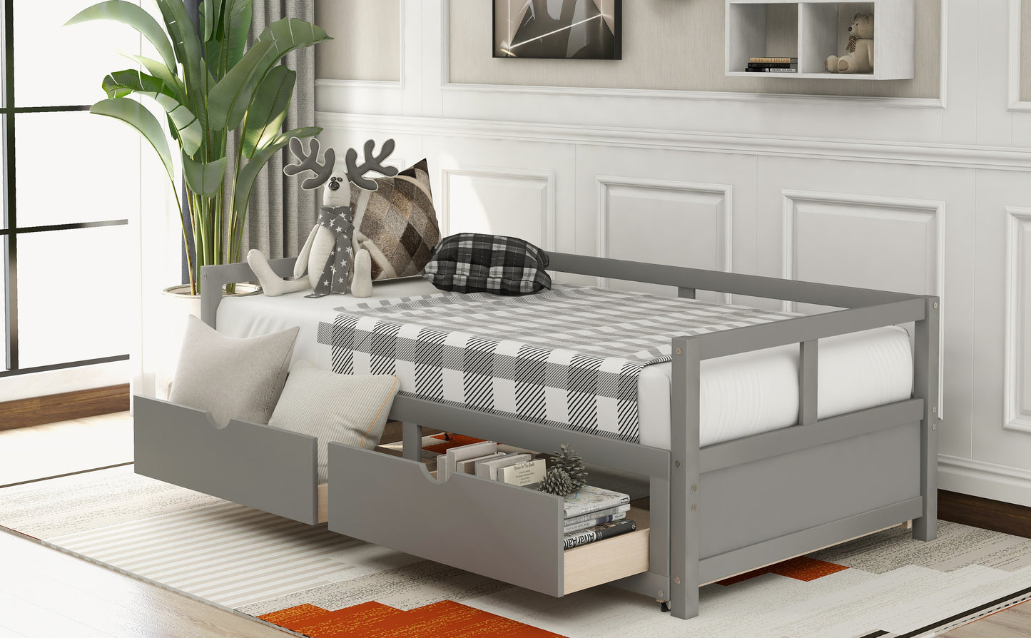 Wooden Daybed with Trundle Bed and Two Storage Drawers, Extendable Bed Daybed,Sofa Bed for Bedroom Living Room, Gray