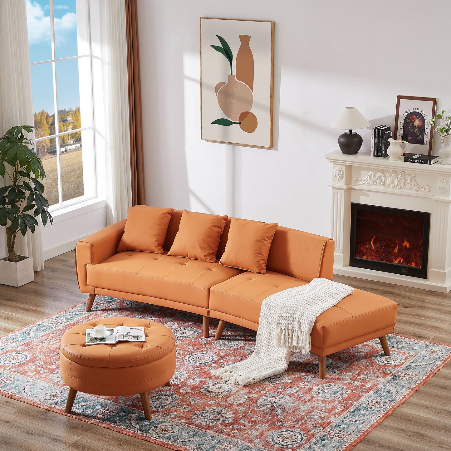 107" Contemporary Sofa Stylish Sofa Couch with a Round Storage Ottoman and Three Removable Pillows for Living Room, Orange