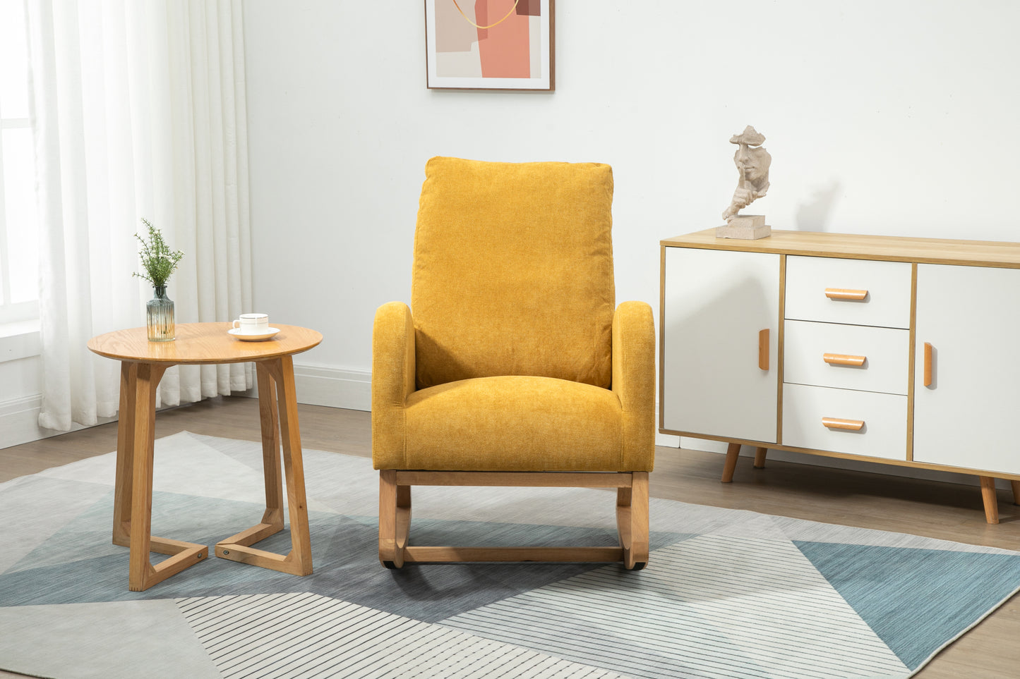 Rocking Chair, Modern Glider Chair, Recliner Armchair with Wood Legs and Side Pocket, Nursery Rocking Accent Chair with High Back for Living Room Bedroom (Mustard Yellow linen)