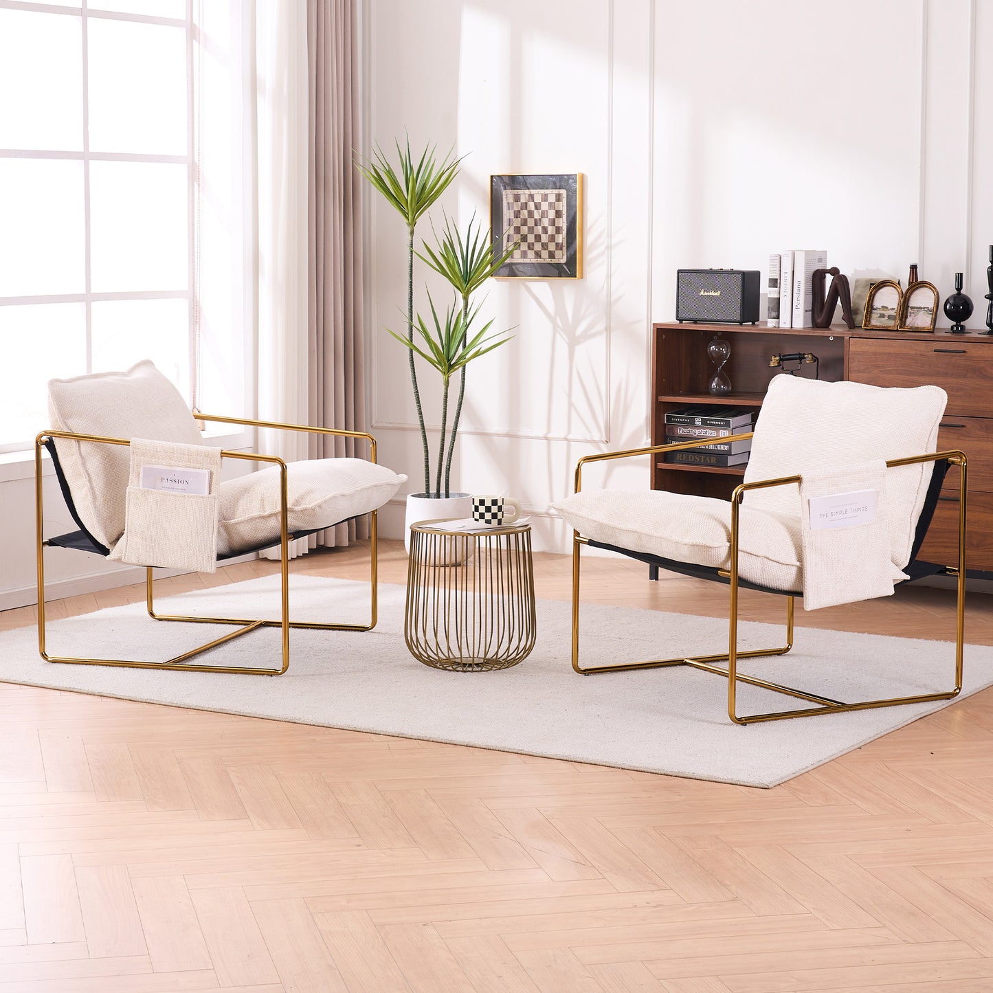 2 Chairs in 1 Box, Upholstered Hanging Armchair with Arm PocketsMetal frame, gold-plated craftsmanship, crushed foam cushions and skin-friendly woven fabric for living room and bedroom. Beige