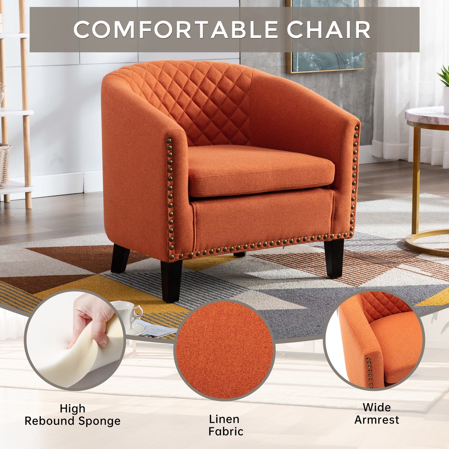 Barrel Chairs with Soft Padded Armrest, Club Chairs with nailheads and solid wood legs for Living Room Bedroom Waiting Room (Orange Linen)