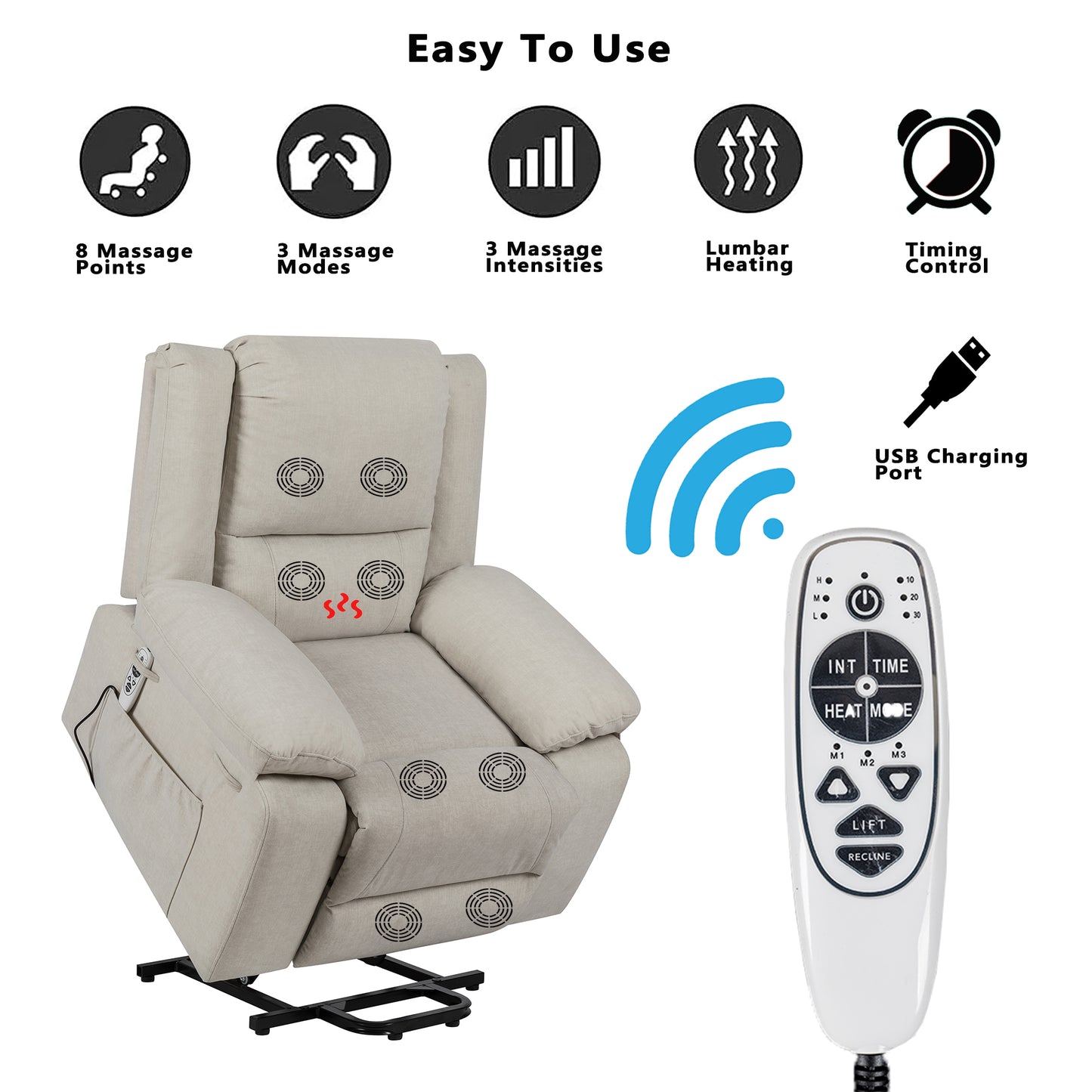 Electric Power Recliner Chair With Massage For Elderly,Remote Control Multi-function Lifting, Timing, Cushion Heating Chair With Side Pocket Beige