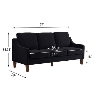 Modern 3 Person seat Sofa Couch with Scooped Armrest/Wood legs,Upholstered Velvet 3-seat Sofa with Removable Cushions for Livingroom Bedroom,Black