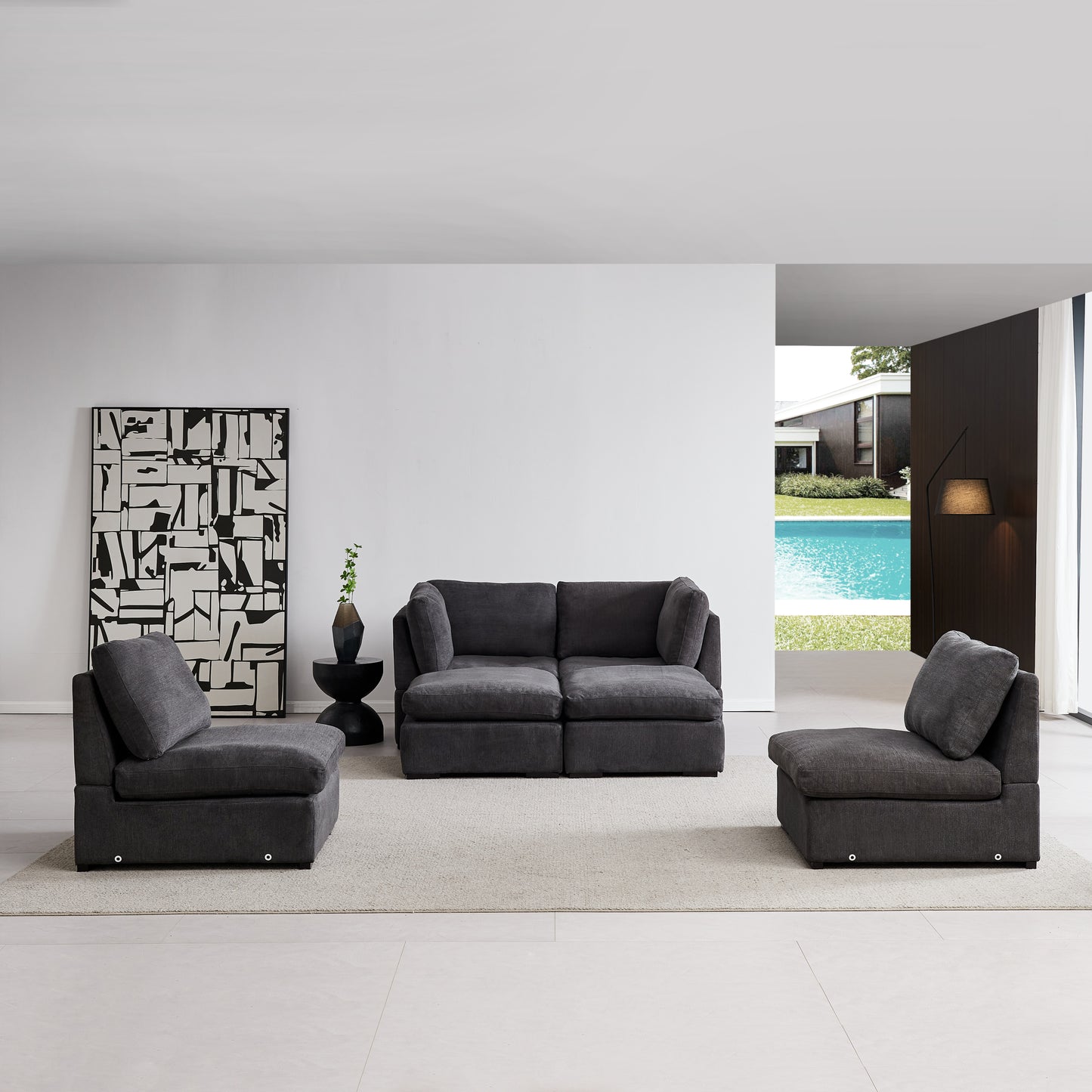 Modular Sofa with Ottoman,Filled with Down,Soft Linen Fabric,Dark Grey