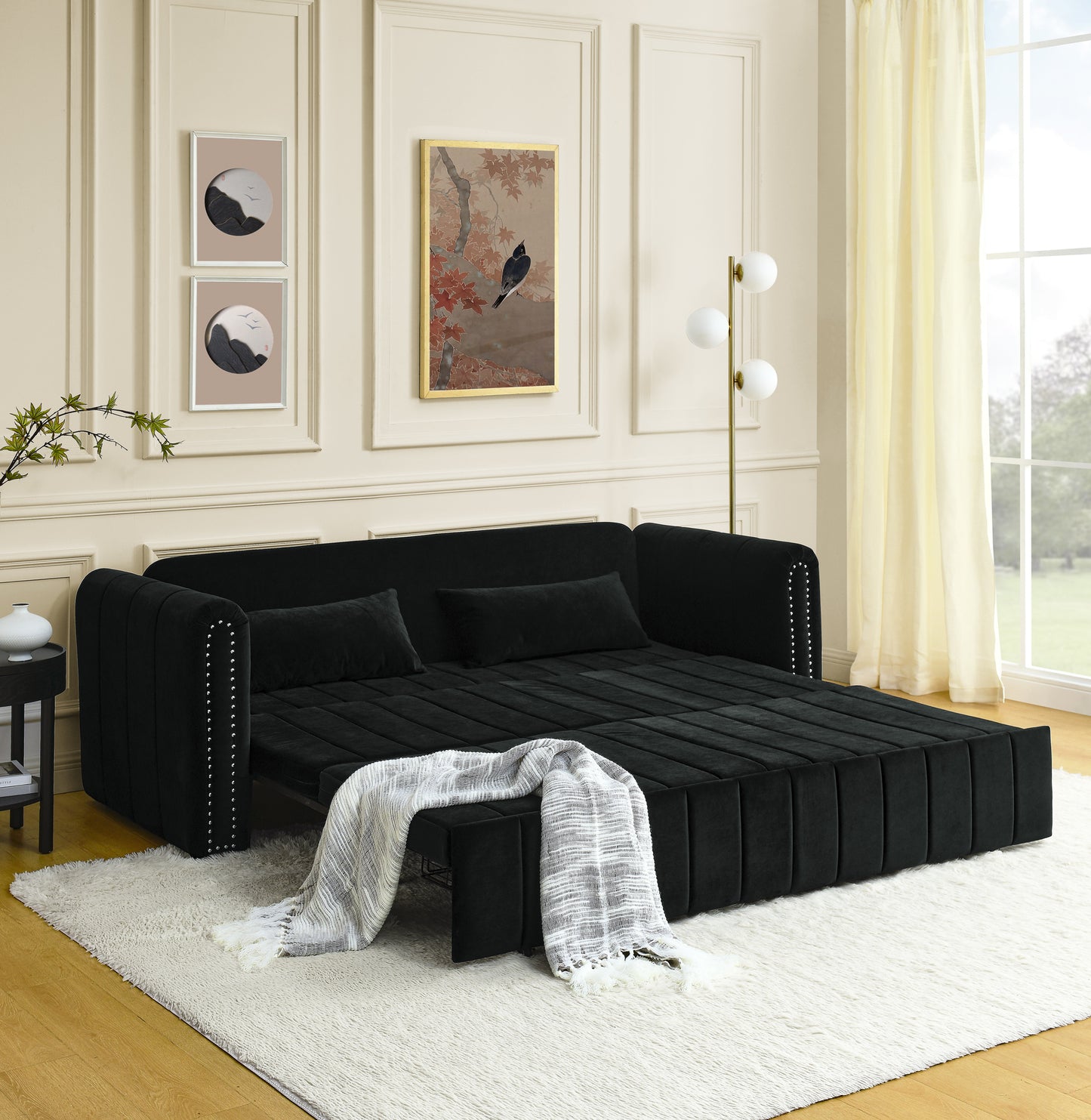 3 in 1 Pull-Out Bed Sleeper, Modern Upholstered 3 Seats Lounge Sofa & Couches with Rolled Arms Decorated with Copper Nails, Convertible Futon 3 Seats Sofabed with Two Drawers and Two Pillows