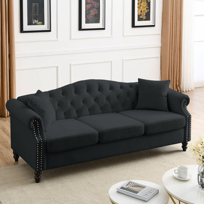 79" Chesterfield Sofa Black Velvet for Living Room, 3 Seater Sofa Tufted Couch with Rolled Arms and Nailhead for Living Room, Bedroom, Office, Apartment, two pillows