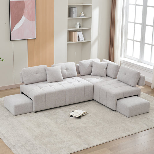 91.73" L-shaped Sofa Sectional Sofa Couch with 2 Stools and 2 Lumbar Pillows for Living Room, Light Grey