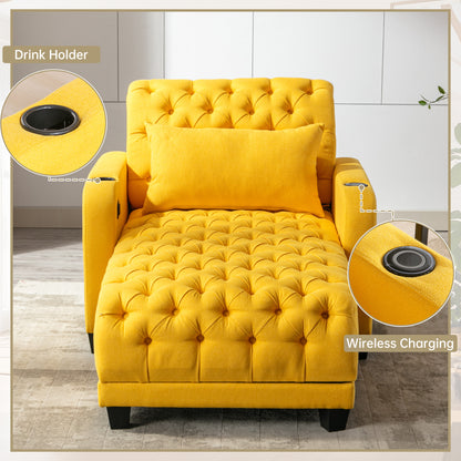 Multifunctional Living Room Leisure Chaise Lounge Barry Tufted Comfy Armchair Wireless Charging, Smooth Reclining Backrest & Lumbar Pillow for Home Apartment (Yellow linen)