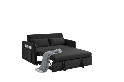 55" Modern Convertible Sofa Bed with 2 Detachable Arm Pockets, Velvet Loveseat Sofa with Pull Out Bed, 2 Pillows and Living Room Adjustable Backrest, Grid Design Armrests