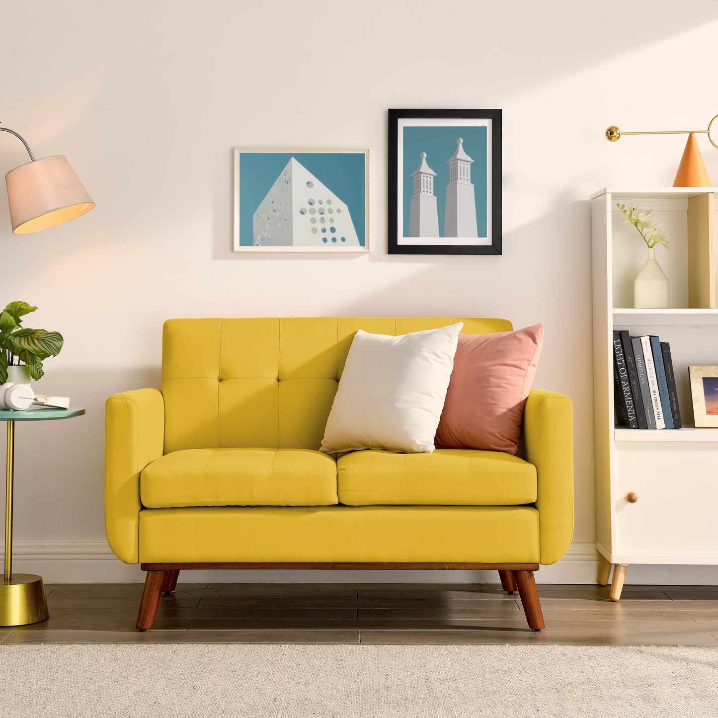 Loveseat Sofa, Mid Century Modern Decor Love Seat Couches for Living Room, Button Tufted Upholstered Small Couch for Bedroom, Solid and Easy to Install Love Seats Furniture, Yellow