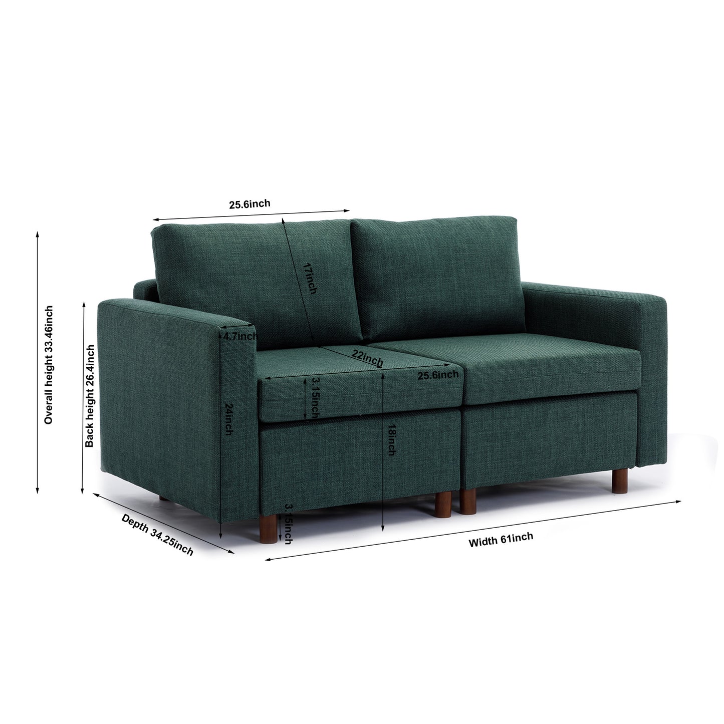 2 Seat Module Sectional Sofa Couch With 1 Ottoman for living room,Seat Cushion and Back Cushion Non-Removable and Non-Washable,Green