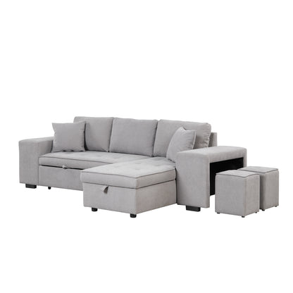 104.5" Pull Out Sleeper Sofa Reversible L-Shape 3 Seat Sectional Couch with Storage Chaise and 2 Stools for Living Room Furniture Set,Gray