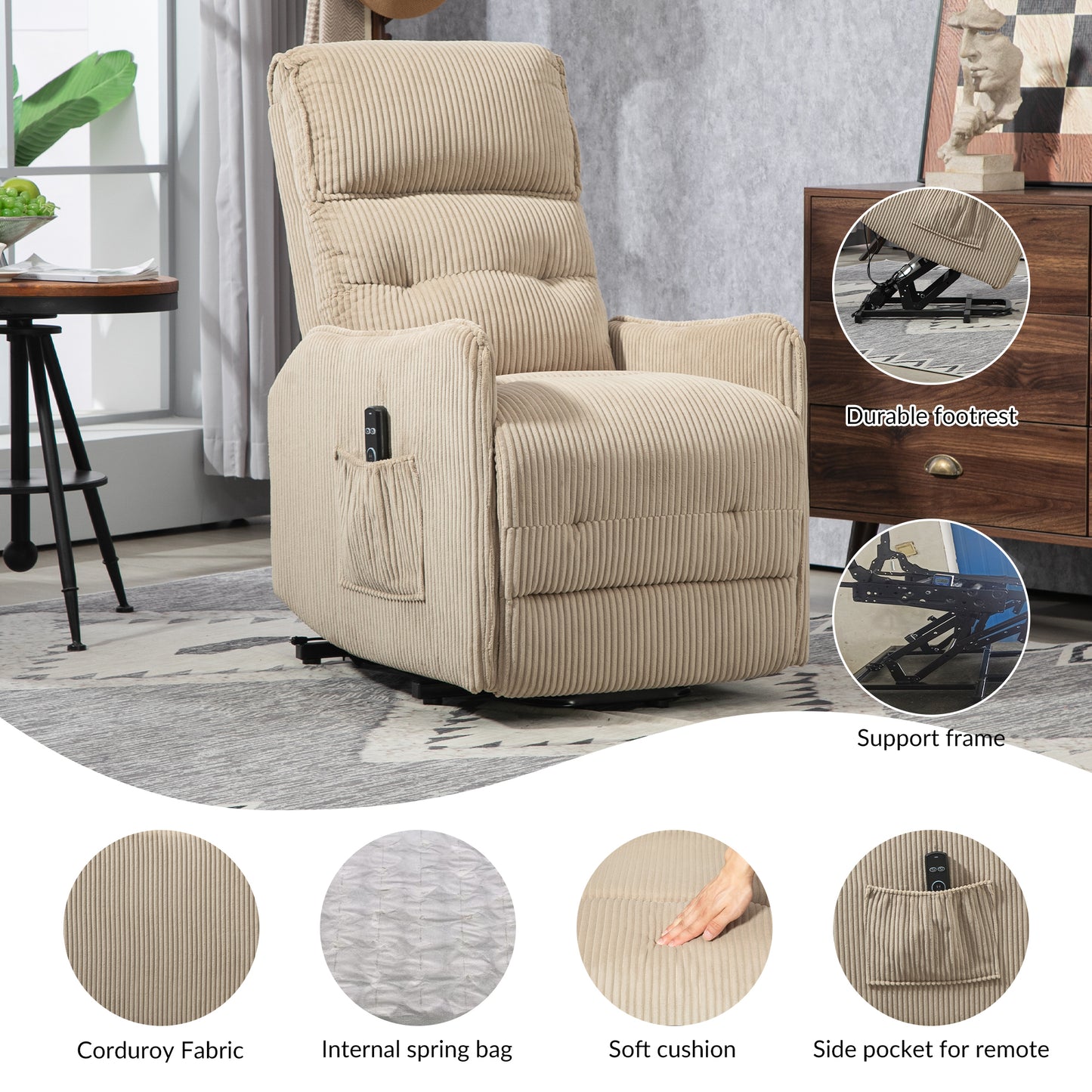 Recliner Chair, Electric Recliner Chairs for Adults, Side Pocket Power Reclining Chair Pocket Springs Seat Cushion, Corduroy Fabric Recliner Sofa for Living Room, Bedroom, Home Theater(Camel)