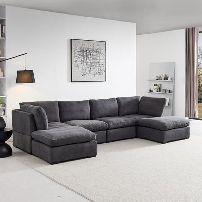 Modular Sofa with Ottoman,Filled with Down,Soft Linen Fabric,Dark Grey