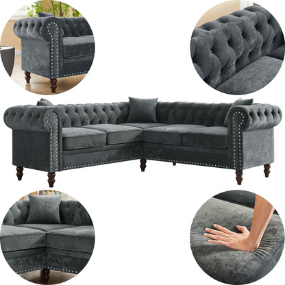 80" Deep Button Tufted Upholstered Roll Arm Luxury Classic Chesterfield L-shaped Sofa 3 Pillows Included, Solid Wood Gourd Legs, Grey velvet