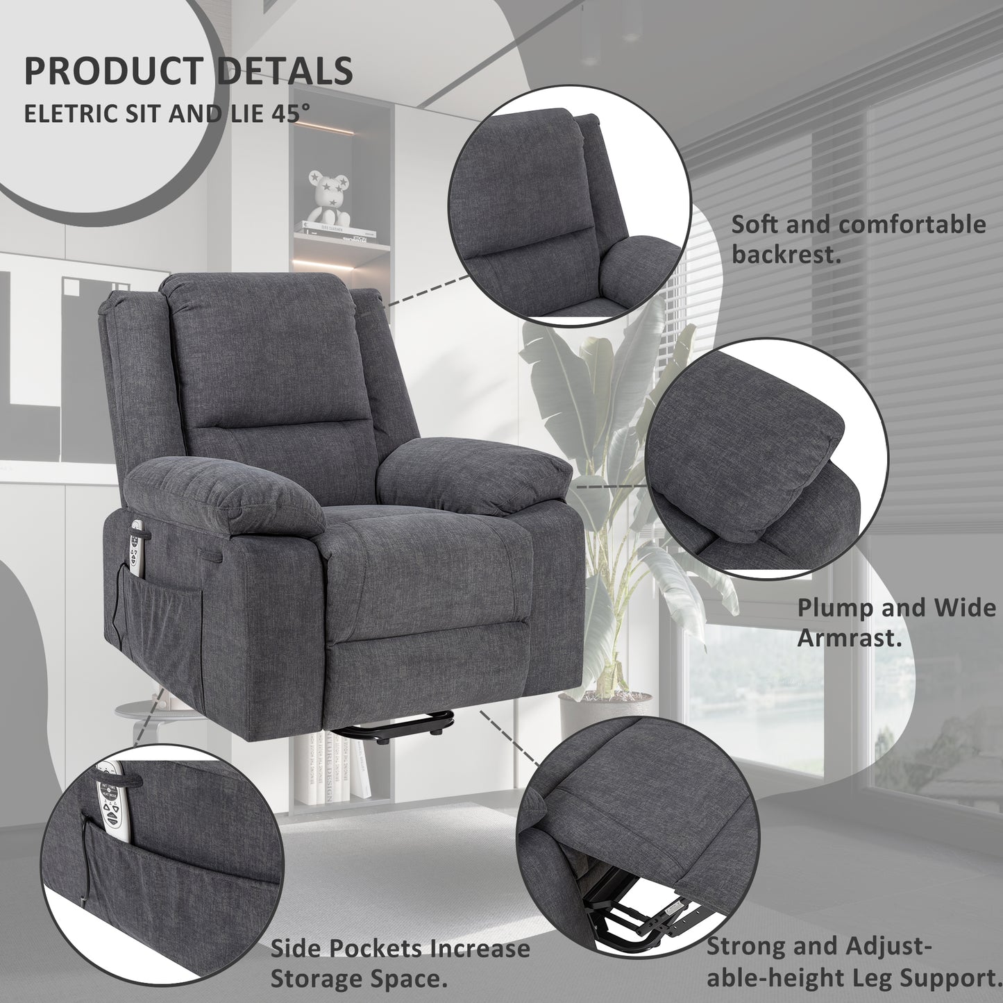 Electric Power Recliner Chair With Massage For Elderly,Remote Control Multi-function Lifting, Timing, Cushion Heating Chair With Side Pocket Dark Grey