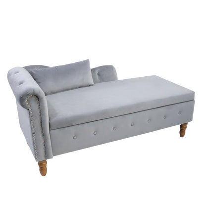 Grey Chaise Lounge Indoor,Velvet Lounge Chair for Bedroom with Storage & Pillow,Modern Upholstered Rolled Arm Chase Lounge for Sleeping with Nailhead Trim for Living Room Bedroom Office