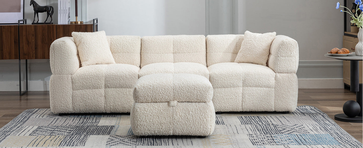 87.7" Sectional Sofa Cozy Teddy Fleece Fabric Sectional Sofa Couch with Two USB Ports a Movable Storage Ottoman and Two Lumbar Pillows for Living Room, Creamy White