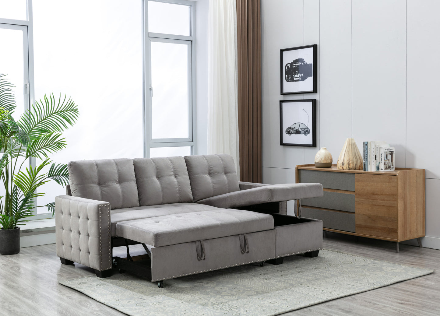 77 Inch Reversible Sectional Storage Sleeper Sofa Bed, L-Shape 2 Seat Sectional Chaise With Storage, Skin-Feeling Velvet Fabric,Light Grey Color For Living Room Furniture