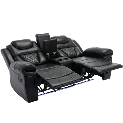 Home Theater Seating Manual Recliner Loveseat with Hide-Away Storage, Cup Holders and LED Light Strip for Living Room, Black