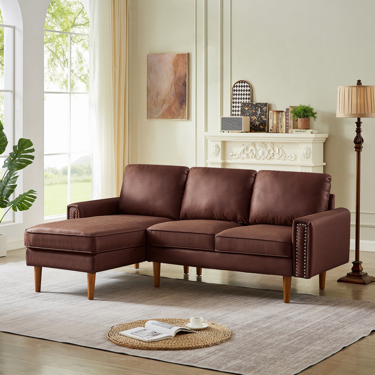 82.2"L-Shape Sofa Couch with Chais Mid-Century Copper Nail on Arms,strong wooden leg and suede fabric design that will complement any living space.Left Chaise,Dark Brown