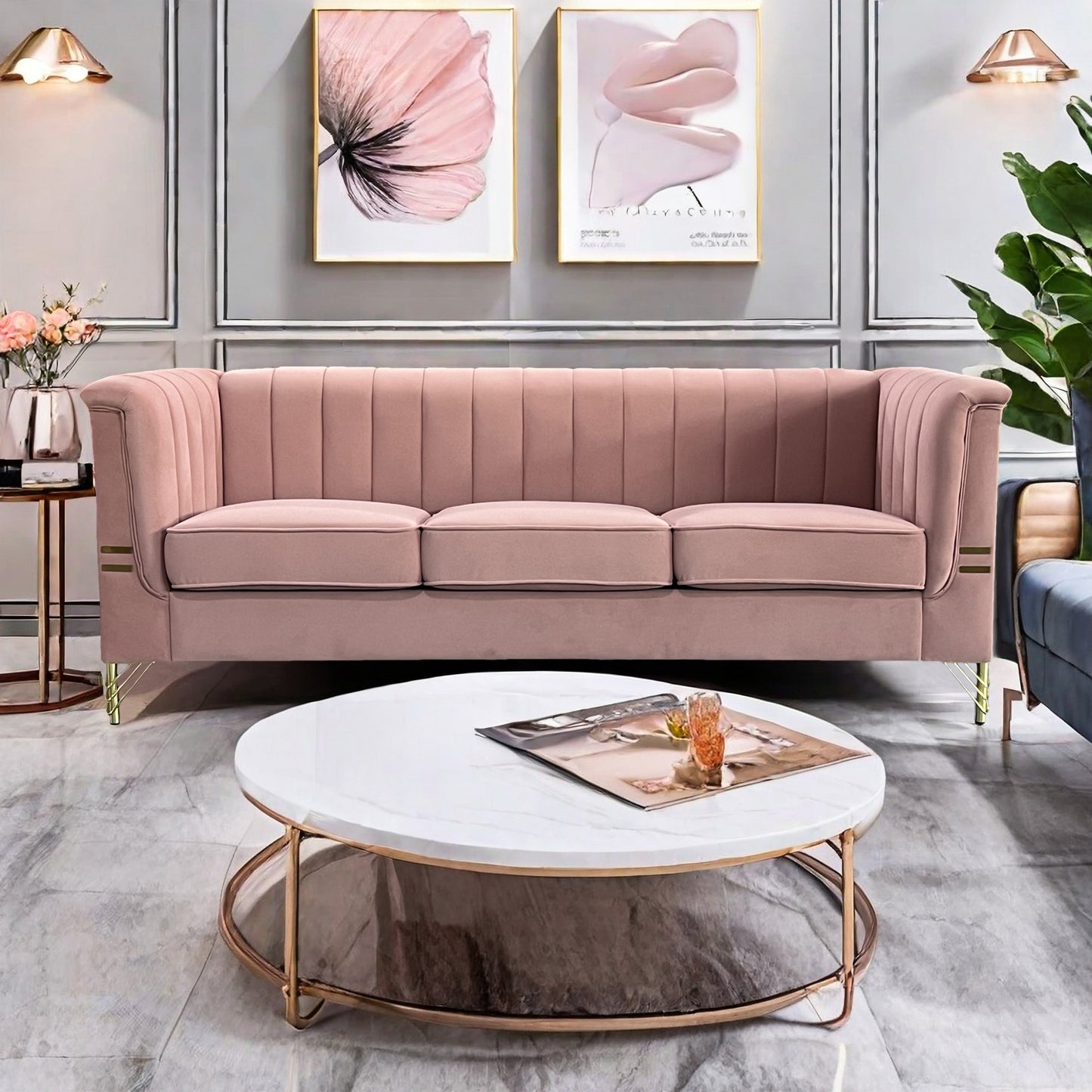 Modern Designs Velvet Upholstered Living Room Sofa, 3 Seat Sofa Couch with Golden Metal Legs for Home, Apartment or Office Pink SOFA