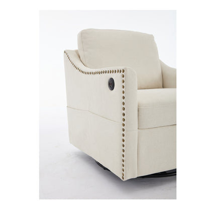 Cream white fabric swivel rotating accent chair with USB and magazine book for living room and hotel bed room