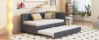 Upholstered Daybed with Trundle Twin Size Sofa Bed Frame No Box Spring Needed, Linen Fabric(Gray)