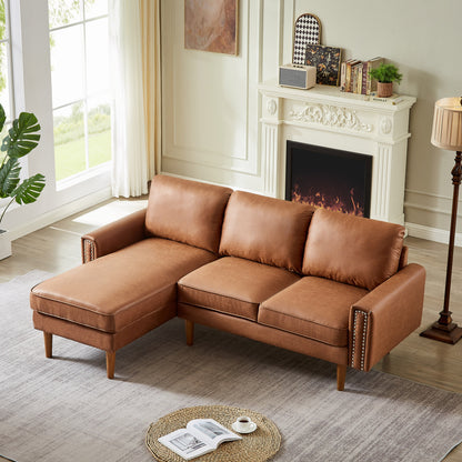 82.2"L-Shape Sofa Couch with Chais Mid-Century Copper Nail on Arms,strong wooden leg and suede fabric design that will complement any living space.Left Chaise, Brown