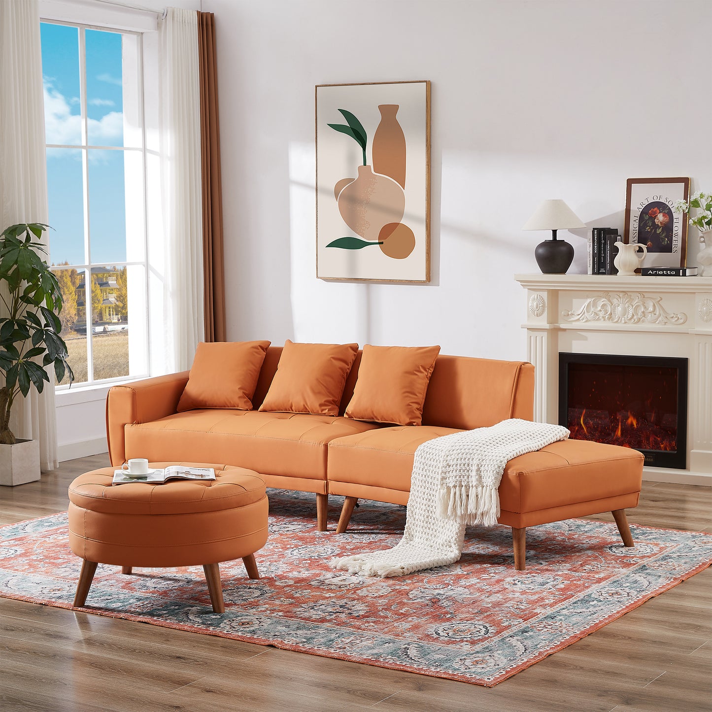 107" Contemporary Sofa Stylish Sofa Couch with a Round Storage Ottoman and Three Removable Pillows for Living Room, Orange