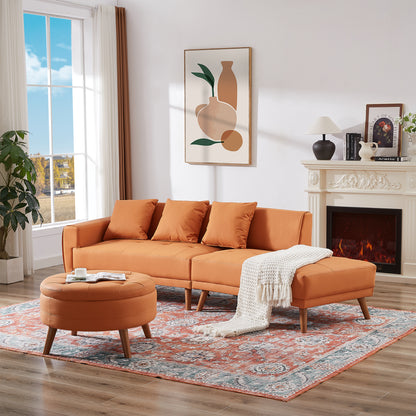 107" Contemporary Sofa Stylish Sofa Couch with a Round Storage Ottoman and Three Removable Pillows for Living Room, Orange