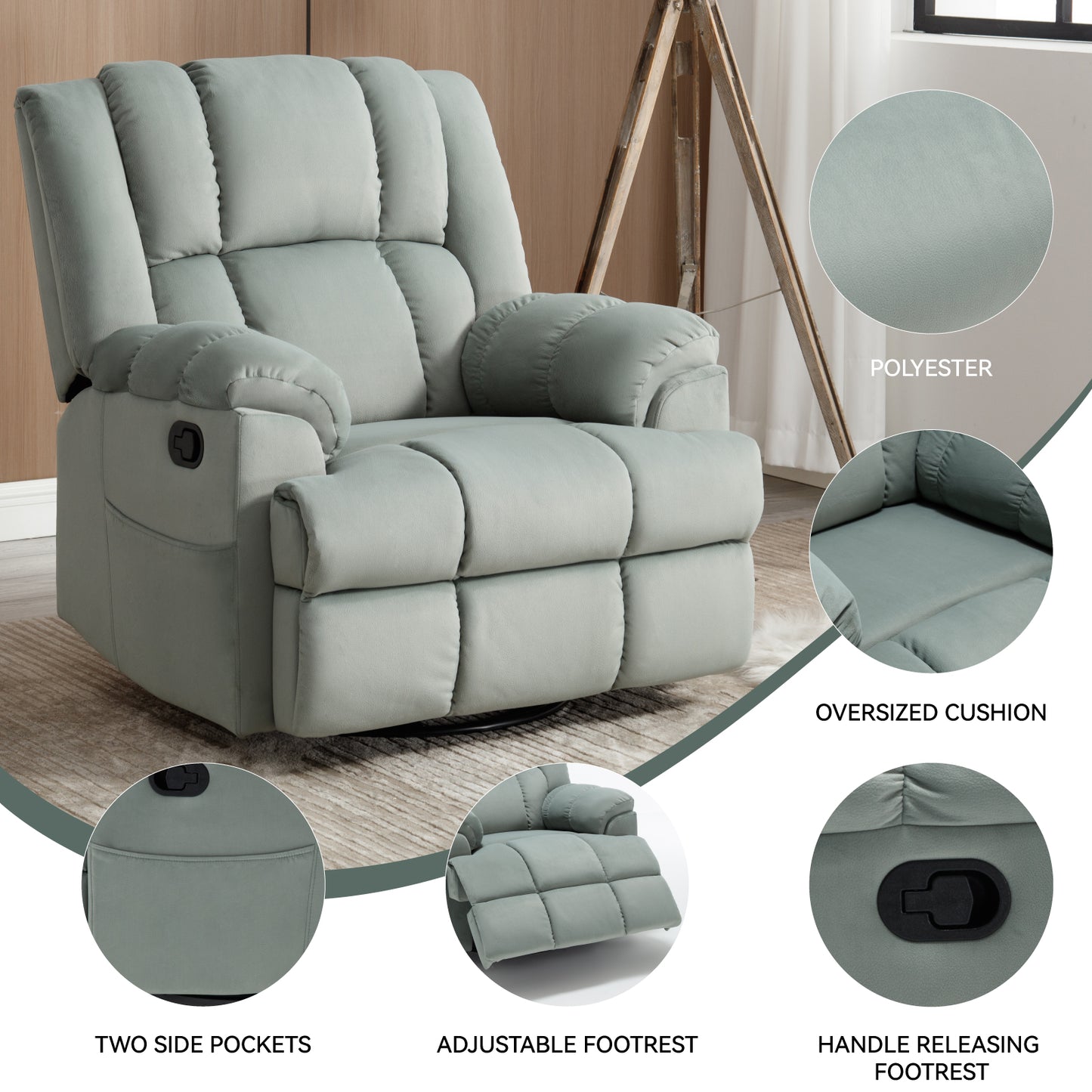 Manual Recliner Chair with Rocker and Swivel in Fabric for Living Room, Green