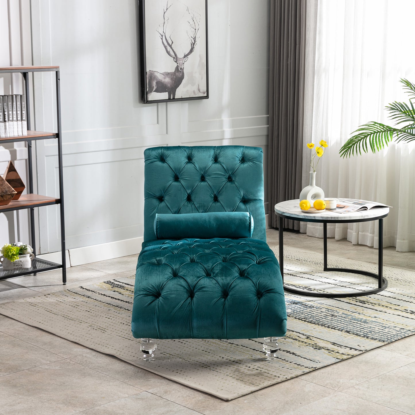 Velvet Chaise Lounge Indoor,Button-Tufted Upholstered Chaise Lounge Chair with Pillow for Bedroom Living Room Office (Teal Velvet)