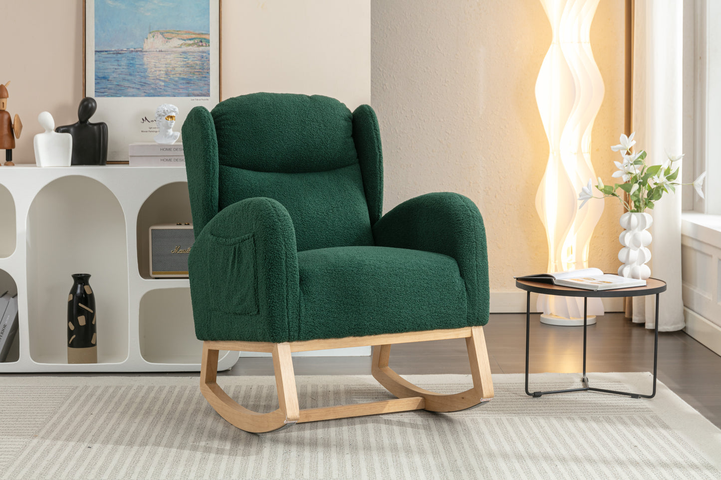 049-Teddy Fabric Rocking Chair With Packet Wood Legs,Green